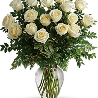 Your Love & Devotion delivered. Surprise your special one with this gorgeous arrangement of white roses available in one dozen, 18 roses or two dozen beautiful blooms.
It’s a an unforgettable display of your timeless love that they'll always remember.